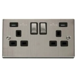 Deco 2 Gang Double Switched Socket With 2x USB - Black / Satin Chrome